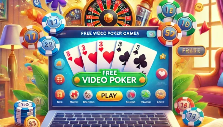 DALL·E 2024-10-30 10.07.47 – An engaging illustration for an article about the benefits of free video poker games. Show a laptop or mobile screen displaying a video poker game wit
