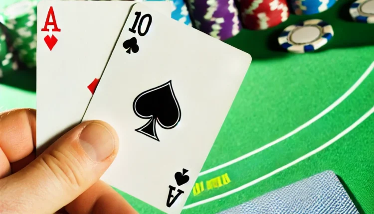 DALL·E 2024-10-30 10.14.44 – A close-up scene of a poker game. Show a hand holding two cards, an Ace of Spades and a 10 of Spades, with a poker table covered in colorful chips and